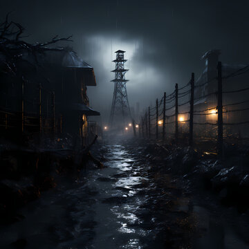 Prisoner of Desolation: Cinematic Rain and Spotlight in Gulag Atmosphere, Generative AI