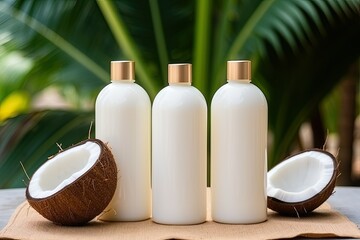 White cosmetic bottles of shampoo, shower gel or lotion with coconut on the table on tropical palm leaves background.