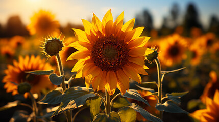 Beautiful sunflower close-up in a field. Generative Ai