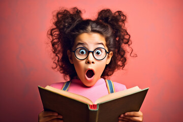 Shocked elementary school kid girl in glasses looking at camera with a school book. showing promo offers, points away on pink background. Excited, shock, omg wow expression. Generative AI Technology