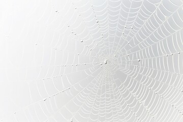 White spider web with dew drops on a white background.