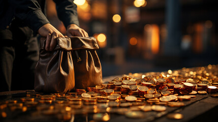 Businessman holding a golden coins. Generative Ai