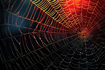 Spider web in lantern light at night close-up.