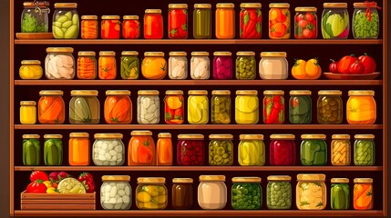 Fototapeta na wymiar Food Storage Room: Home Pantry with Jars of Home Canning Fruits and Vegetables on Shelves for Food Storage and Preservation: Generative AI