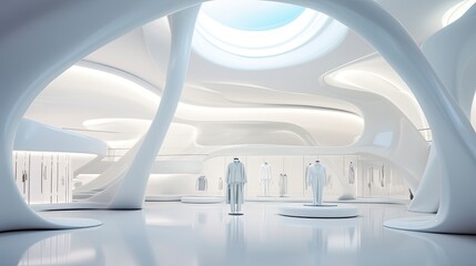 Futuristic Store Design in Minimalist White Background with Modern and Luxurious Architecture. Generative AI Illustration of Shopping Store Concept: Generative AI