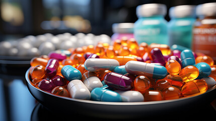 Closeup of Pills on Table. Generative Ai