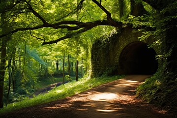 Sunken Path of Natchez Trace Parkway through Mississippi's Forested Landscape: A Traveler's Journey into History. Generative AI