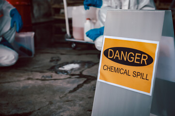 Hazardous Substances Spilled on the Floor, Immediate Cleanup Needed, Caution Required Industrial Hazard, Keep Area and Safety Alert in Chemical Spill Emergency.