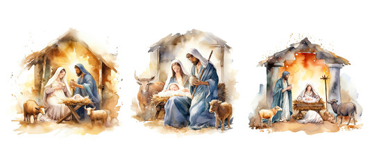 mary nativity scene watercolor - obrazy, fototapety, plakaty