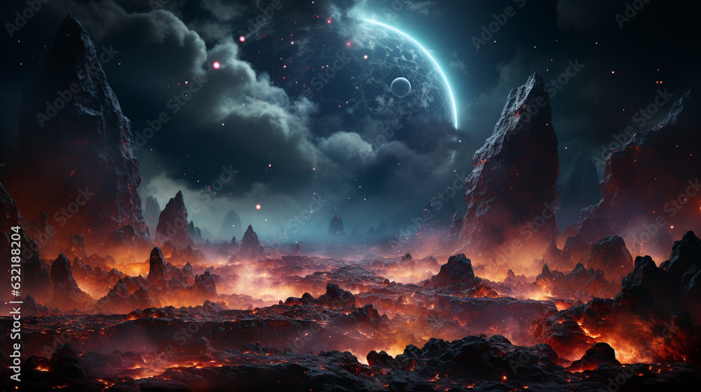 Poster cosmic space rocks presented in a dramatic and action-packed scene. generative ai