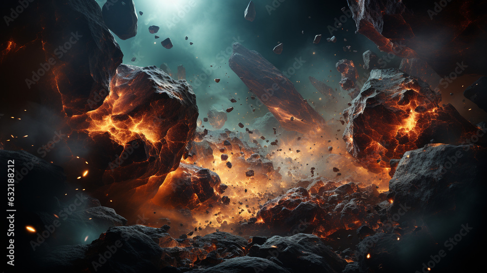 Sticker cosmic space rocks presented in a dramatic and action-packed scene. generative ai