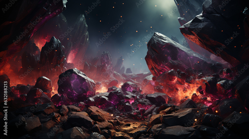 Poster cosmic space rocks presented in a dramatic and action-packed scene. generative ai