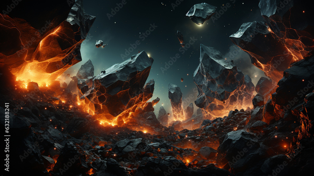 Sticker cosmic space rocks presented in a dramatic and action-packed scene. generative ai