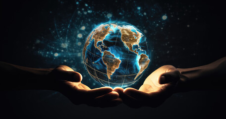 Hands holding circular globe of Earth, containing information and data, in luminous 3D model style. - obrazy, fototapety, plakaty