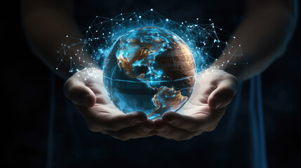 Hands holding circular globe of Earth, containing information and data, in luminous 3D model style.
