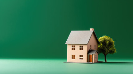 Miniature toy house against green background; ideal for mortgage applications, house sales advertising.