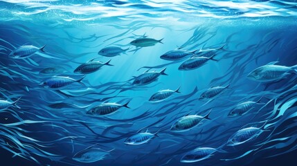 School of fish swimming under water of sea. Underwater life. World ocean day concept. AI illustration for banner, backdrop, wallpaper, flyer, brochure, poster, background, campaign.