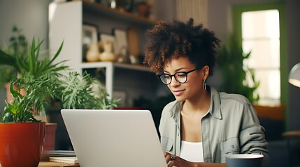 Beautiful African American woman in glasses studying or working at home using a laptop