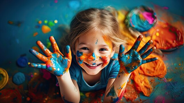 Little young girl playing with colors at elementary schools.