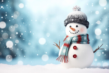 Fototapeta premium Cute fashionable snowman isolated on winter background 