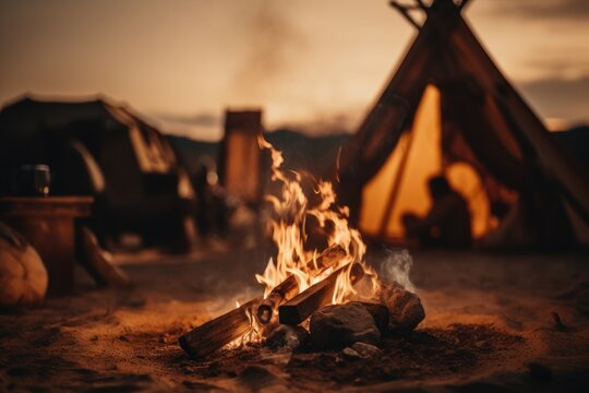 A prominent campfire takes the foreground, its flames dancing vividly, while a tent stands subtly blurred in the background. Generative AI