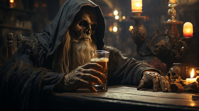 Grim Reaper Drinking a Glass of Beer in a Bar. Generative Ai