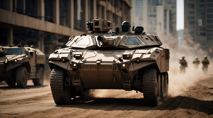 futuristic army armored vehicle convoy