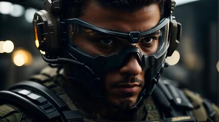 portrait of a futuristic soldier in full army gear