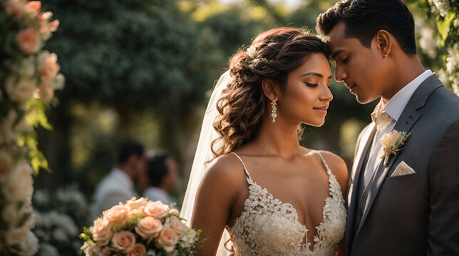 Bride And Groom Being Romantically Close At A Wedding Inside A Flower Garden