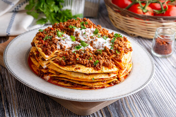 Turkish Food Kayseri Yaglama with Minced Meat, Yogurt and Tomato Paste