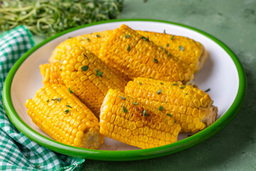 Sweet boiled corn, food concept photo