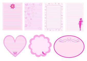 Vector stationery, digital notes, bullet journal stickers in pink colors