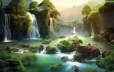 beautiful fantasy river landscape with waterfalls, Generative AI