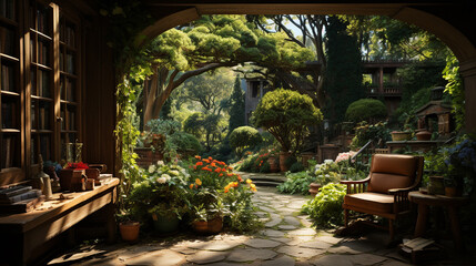 Backyard Garden. View From Home's Interior. Generative Ai