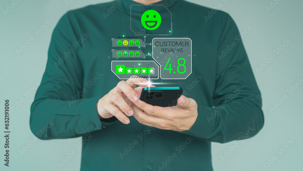Poster Man using a mobile phone or smartphone in give rating to service experience assessment on application. Online customer review satisfaction feedback survey and testimonial.