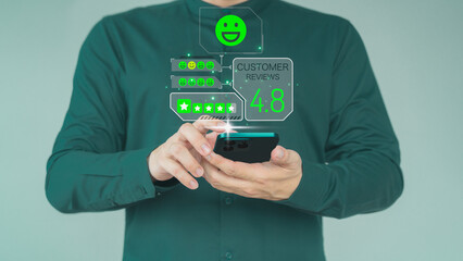 Man using a mobile phone or smartphone in give rating to service experience assessment on application. Online customer review satisfaction feedback survey and testimonial.