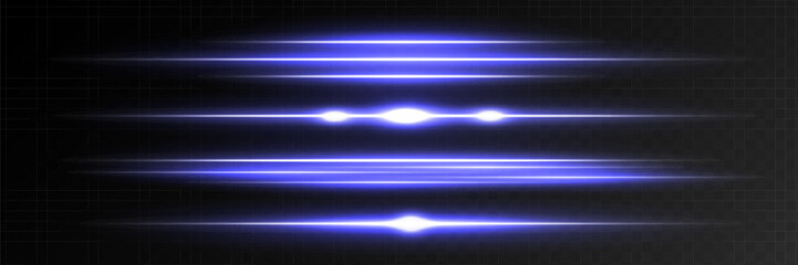 Blue horizontal lens flares pack. Laser beams, horizontal light rays. Beautiful light flares. Glowing streaks on dark background.