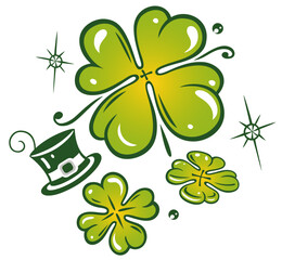 St Patricks Day Kleeblätter mit Kobold Hut und Sternen. St. Paddys, Irish Day Klee Vektor. Tattoo Comic Style.