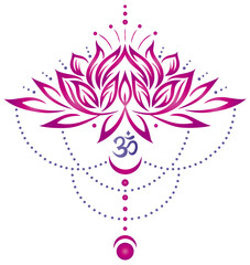 Lotusblume mit Om Symbol, Mond und Mondphasen in pink.  Vektor für Buddhisten, Yoga Fans, Yogis und Yogalehrer. Für Sport, Wellness, Meditation, Entspannung und Massage. - obrazy, fototapety, plakaty