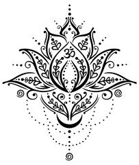 Lotus Lotusblume Lotusbl√ºte mit OM Symbol und Mond f√ºr Yoga und Meditation. Mehndi Vektor Design f√ºr Spiritualit√§t und Buddhismus. - obrazy, fototapety, plakaty
