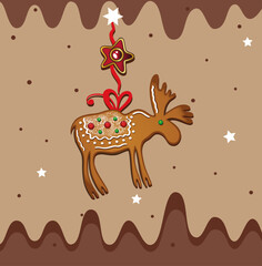Lebkuchen Elch mit Schokoladen Hintergrund. Plätzchen. Kekse zu Weihnachten. Vektor Dekoration.