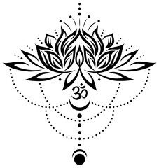 Lotus Lotusblume Lotusblüte mit OM Symbol und Mondphasen für Yoga und Meditation. Vektor Design für Spiritualität und Buddhismus.
