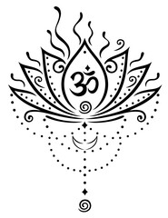 Lotus Lotusblume Lotusblüte mit OM Symbol und Mond für Yoga und Meditation. Vektor Design für Spiritualität und Buddhismus. - 632191458