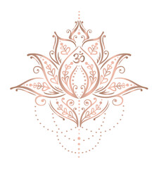 Lotusblume Mehndi Ornament in rose gold.  Vektor mit Om Symbol für Buddhisten, Yoga Fans, Yogis und Yogalehrer. Für Sport, Wellness, Meditation, Entspannung und Massage.