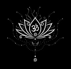 Lotus Lotusblume Lotusblüte mit OM Symbol und Mond für Yoga und Meditation. Vektor Design für Spiritualität und Buddhismus.