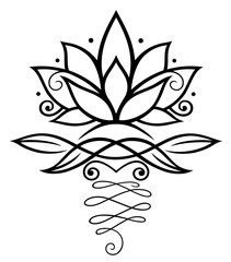 Lotus Lotusblume Harmonische Lotusblüte mit Blättern und Mond für Yoga und Meditation. Vektor Design für Spiritualität und Buddhismus. - 632191463