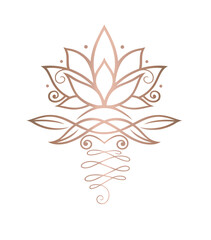 Lotusblume mit Blättern in rose gold.  Vektor für Buddhisten, Yoga Fans, Yogis und Yogalehrer. Für Sport, Wellness, Meditation, Entspannung und Massage. - 632191479
