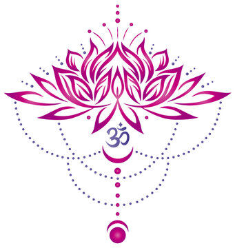 Lotusblume mit Om Symbol, Mond und Mondphasen in pink.  Vektor f&uuml;r Buddhisten, Yoga Fans, Yogis und Yogalehrer. F&uuml;r Sport, Wellness, Meditation, Entspannung und Massage.