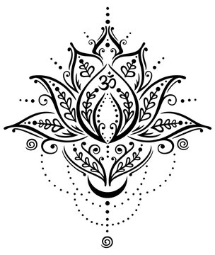 Lotus Lotusblume Lotusbl√ºte mit OM Symbol und Mond f√ºr Yoga und Meditation. Mehndi Vektor Design f√ºr Spiritualit√§t und Buddhismus.