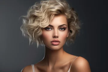 Photo sur Plexiglas Salon de beauté Blonde model with short curly hair, smiling. Fashion, beauty, and makeup